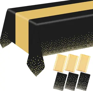 6 Pack Rectangle Plastic Dot Tablecloth Set, 54 X 108 Inch Plastic Table Cover, 12 x 108 Inch Satin Table Runners for Wedding Graduation Birthday  Year Party Decorations (Black, )