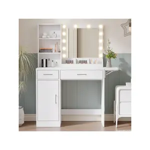New 2024  MIRROTOWEL Vanity Desk LED Lighted Mirror With Cabinet 3 Shees Foldable Countertop Lots Storage For Stylish Bedroom