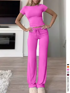 Lw Home Women's Fashion Casual Solid Color Round Neck Short Sleeve T-Shirt and Drawstring Pants Set, Summer, Perfect for Home Wear