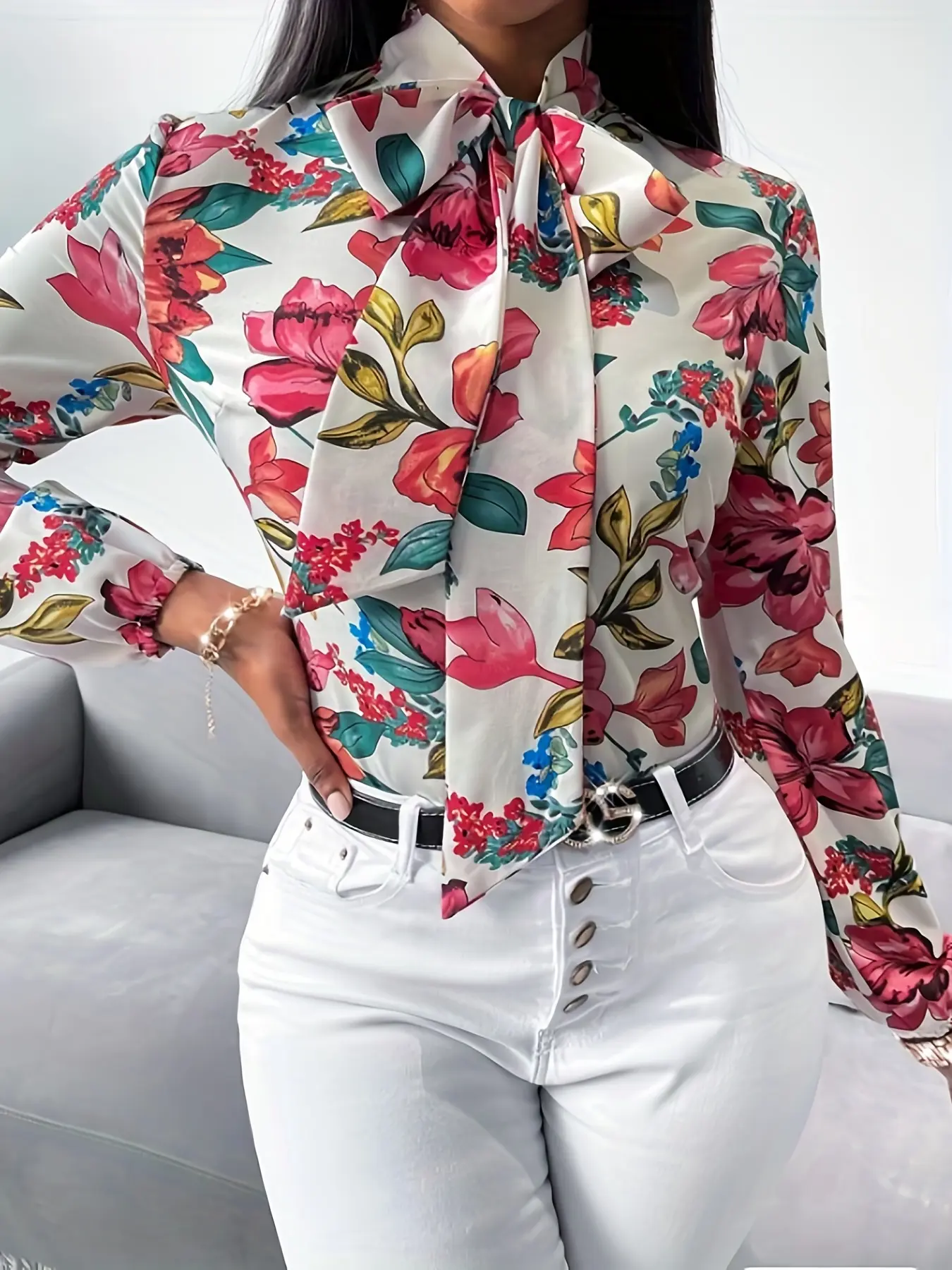 One women's colorful Floral print bow tie-dye blouse shirt with long sleeves, Loose Fit, Casual, suitable for vacation, commuting and daily wear.