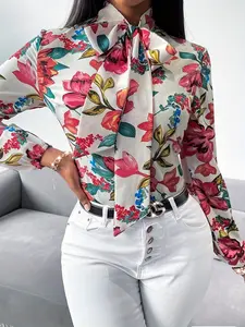 One women's colorful Floral print bow tie-dye blouse with long sleeves, Loose Fit, suitable for vacation, commuting and daily wear.