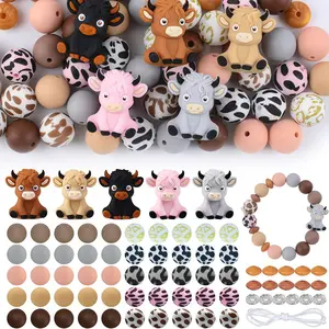 76 Piece 3D Highland Cow Bead Set with Cord, Fashion Animal Charm Bag, Patterned and Cow Shape, Handmade DIY Jewelry Accessories