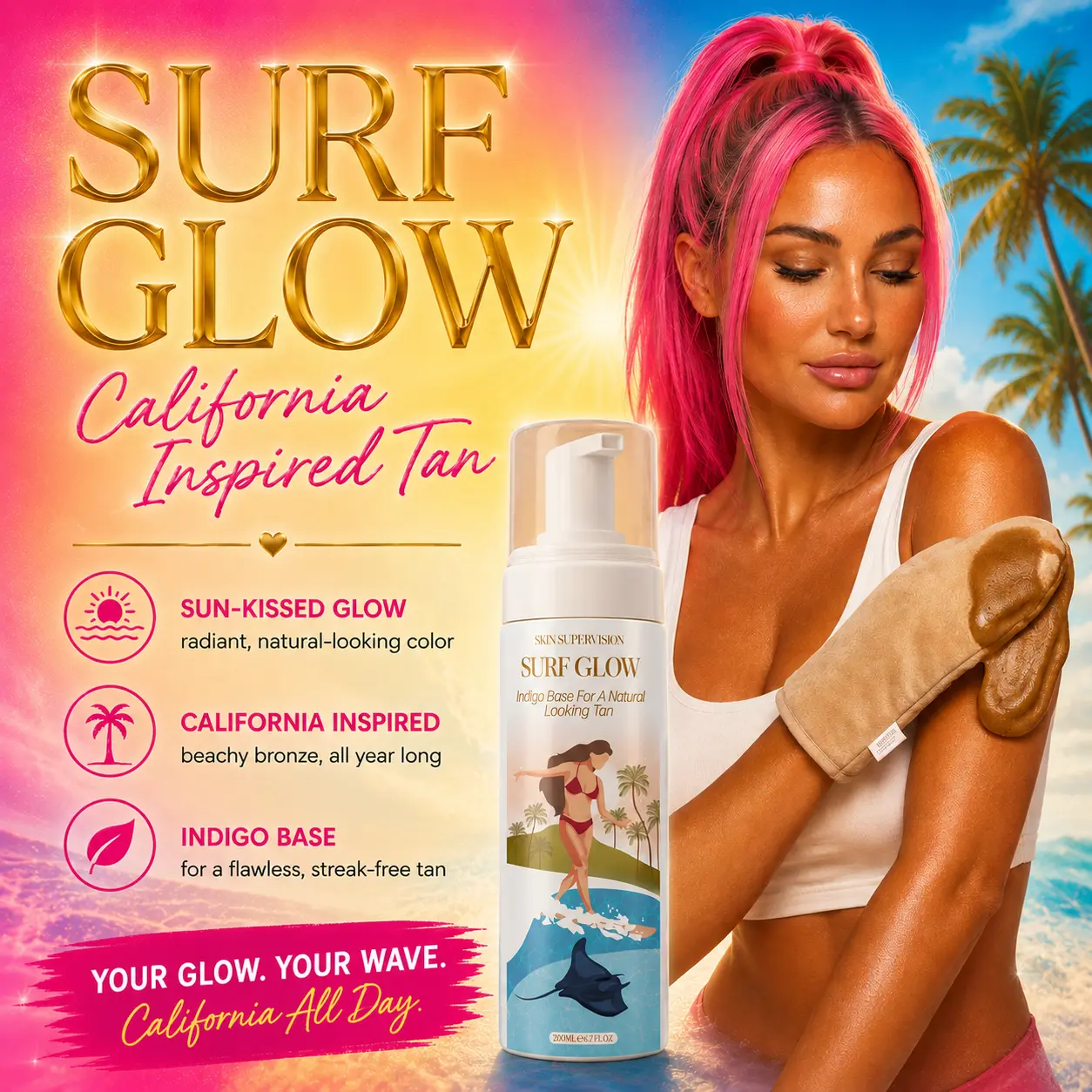 Surf Glow Self Tan Indigo Base Body Care Tanning Product - Natural DHA, Radiant Sunless Tanning Water for Natural-Looking Glow