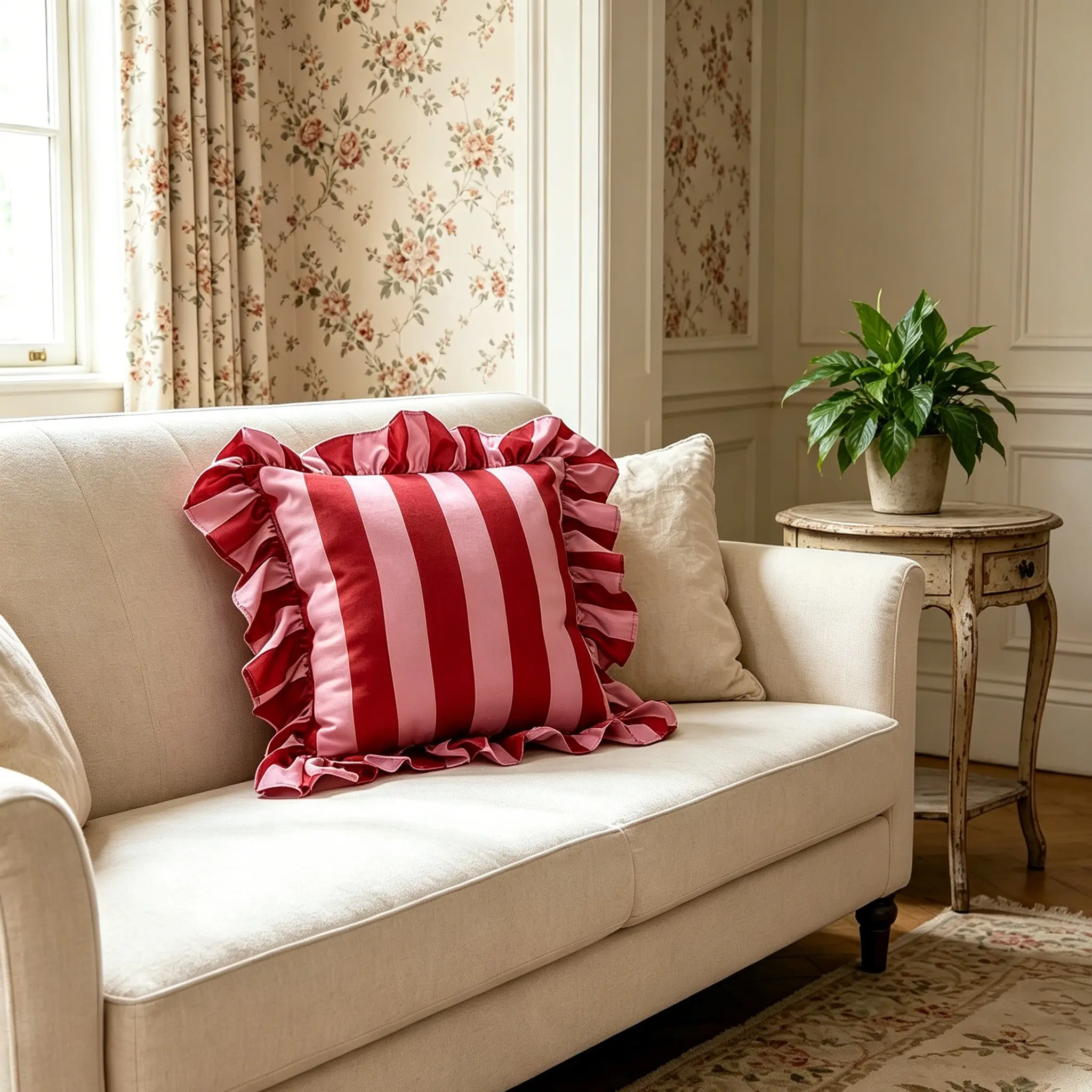 1 Piece Sweet Cute Pink Striped Vintage Ruffled Throw Pillow with Insert, Decorative Cushion for Sofa & Bedroom, Warm Home Decor, Ideal Gift