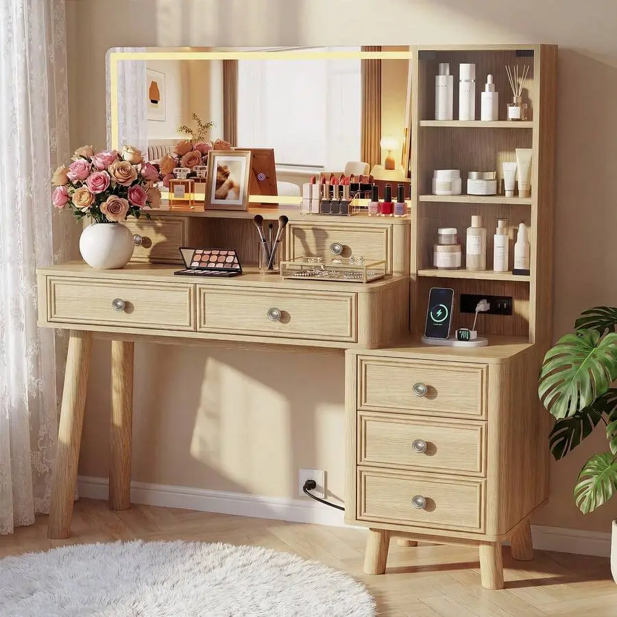 Vintage Vanity Desk with Mirror and Lights - LED 3-Color Dimmable Mirror, Built-in USB Charging Station, 7 Drawers, Dust-Free Glass Storage Cabinet, Sturdy Solid Wood Legs, Vanity Organization, Farmhouse Style Home Furniture (Walnut/Natural Colors), Makeu