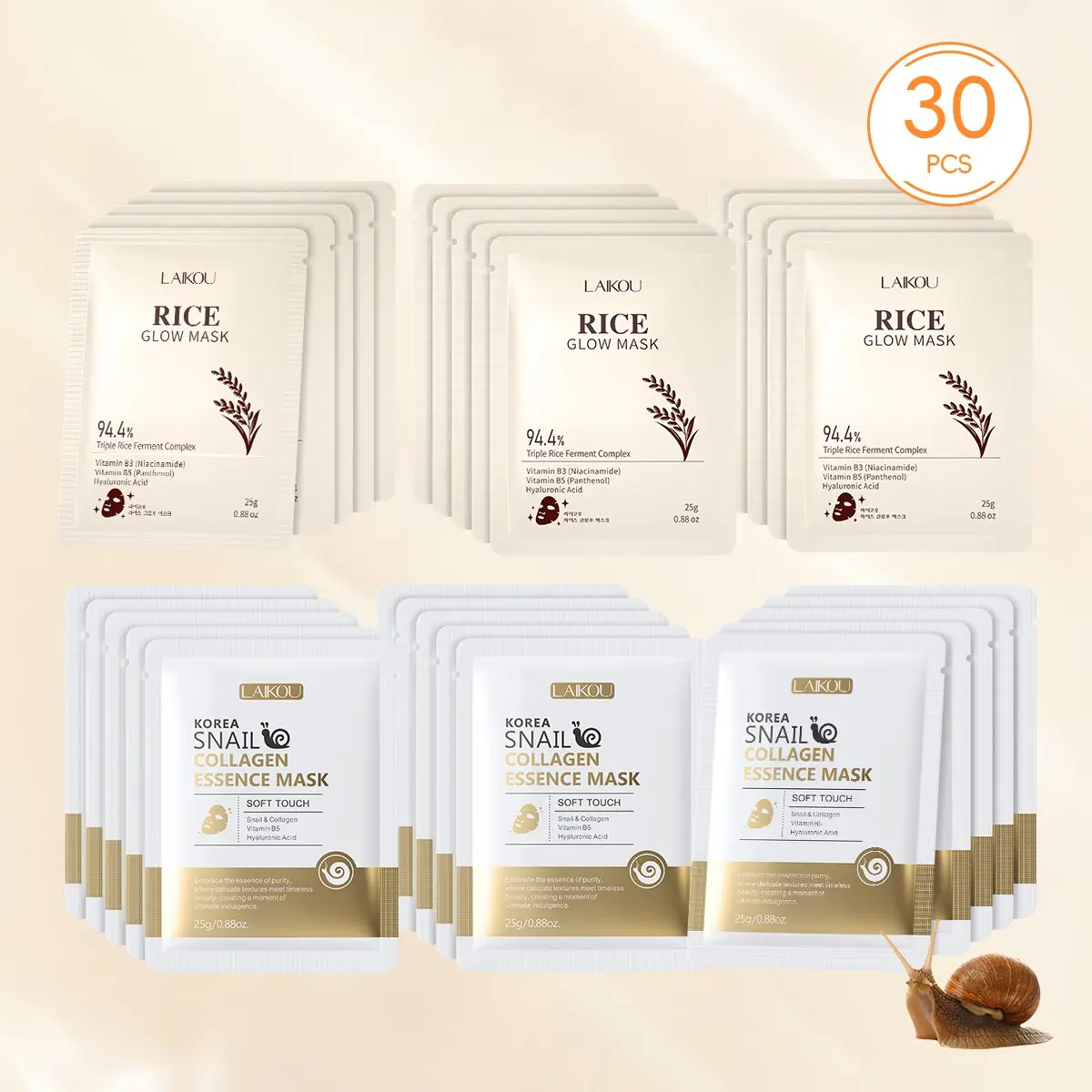 Laikou Rice Brightening Mask & Snail Collagen Mask for Smooth, Radiant & Glow Skin, Hydrating Facial Treatment, Skincare, Korean Beauty Products, Collagen Face Mask Sheet, Face Mask Glowing Skin