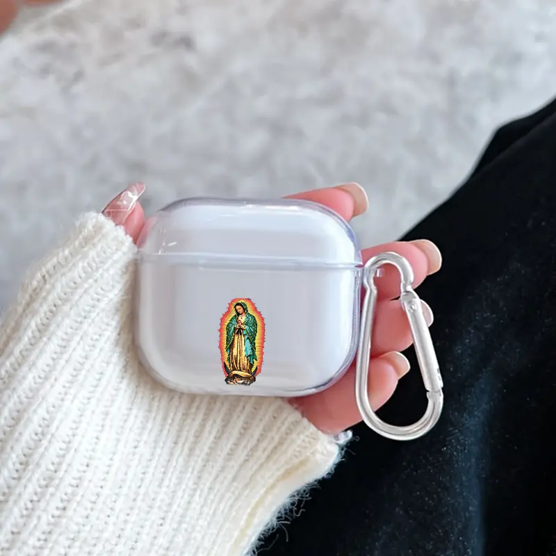 Divine Virgin Figure Pattern Protective Case for AirPods 4/3/2/1/Pro/Pro2/Pro3 Soft TPU Earphone Cover, Transparent with Keychain
