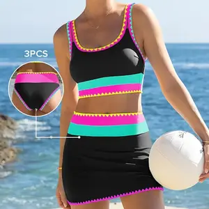 【Run half a size small】Beachball Kayaking 3 Piece Bikini Sets,Tummy Control & High Waisted Swimsuit with Adjustable Wide Shoulder Straps, Neon Color Sporty Swimsuit
