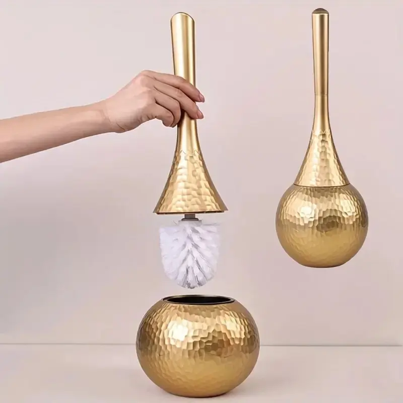 Golden High-End Non-Scratch Long Handle Toilet Brush with Base Holder, Household Bathroom Deep Cleaning Gadget, Durable Bathroom Accessory for Home Toilet Daily Cleaning
