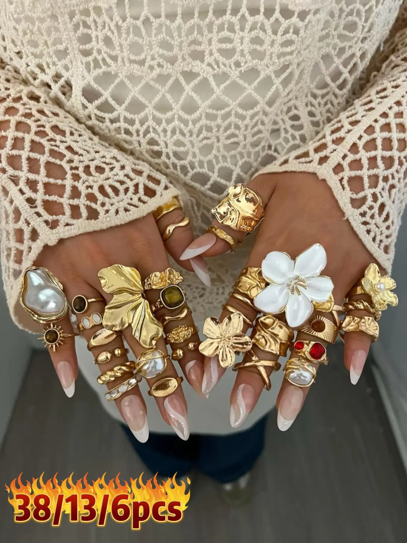 Mother's Day Gift Elegant Floral Imitation Pearl Stunning Beautiful Rings Set, Zinc Alloy Wide Band Women's Rings, Statement Multi Ring, All-Season Jewelry Gift for Parties & Birthdays