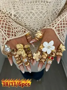 Mother's Day Gift Elegant Floral Imitation Pearl Ring Set, Zinc Alloy Wide Band Women's Rings, Statement Multi Ring, All-Season Jewelry Gift for Parties & Birthdays