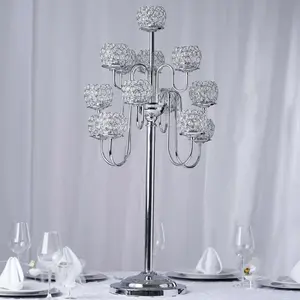 Silver 40-in Metal Crystal Beaded Candelabra - 13-Arm Candle Holder Set, Home Decor Piece for Birthday & Event Table Centerpieces