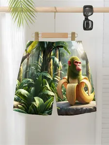 3D Printed Jungle Banana Monkey Drawstring Shorts, Trendy Fun Style, Casual Random Print, Fitted Short Pants for All Seasons