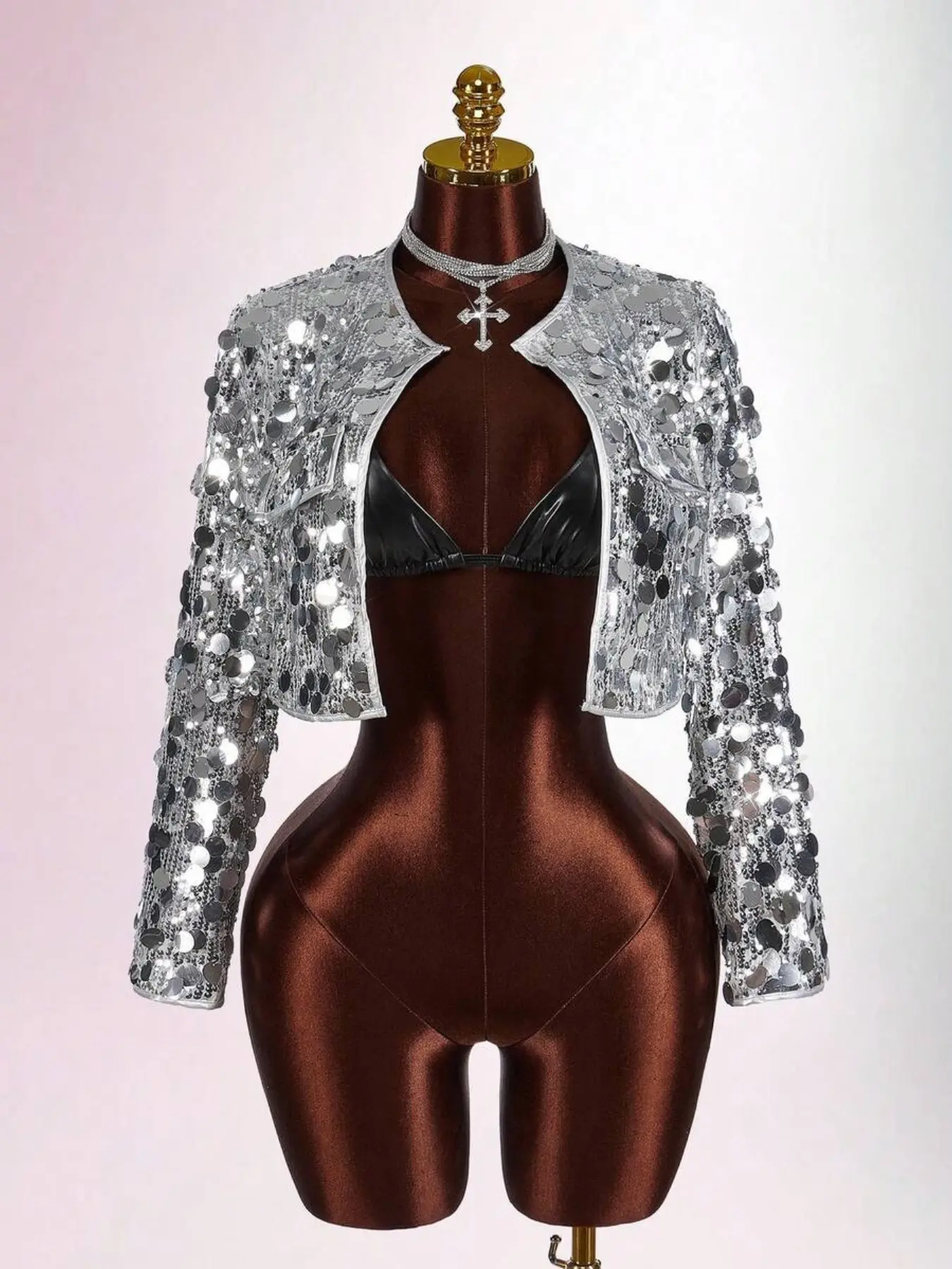 Women's Party Outerwear, Long Sleeve Silver Color Sequin Jacket, Fitted Short Coat, All Seasons, Plain Design, No Zipper