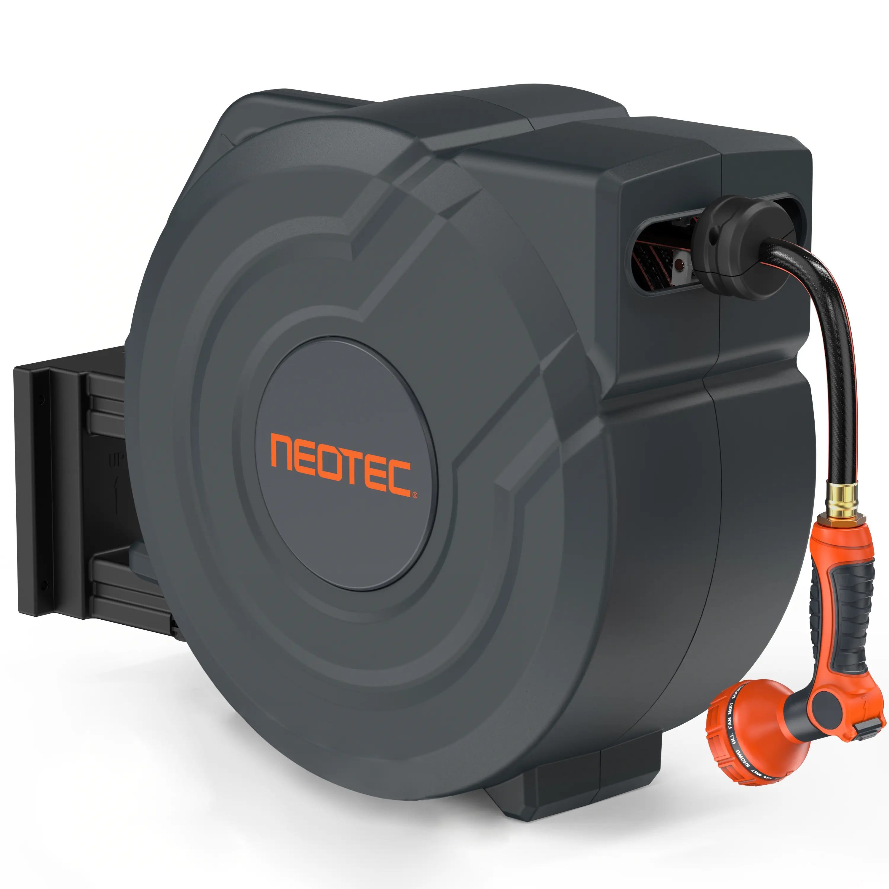 NEOTEC Retractable Garden Hose Reel 100 feet/50 feet - wall mounted, with 3/4 inch brass fittings and 9-type nozzle - automatic rewinding system, locking at any length, 180 ° rotating bracket wall mounted, for watering, flushing
