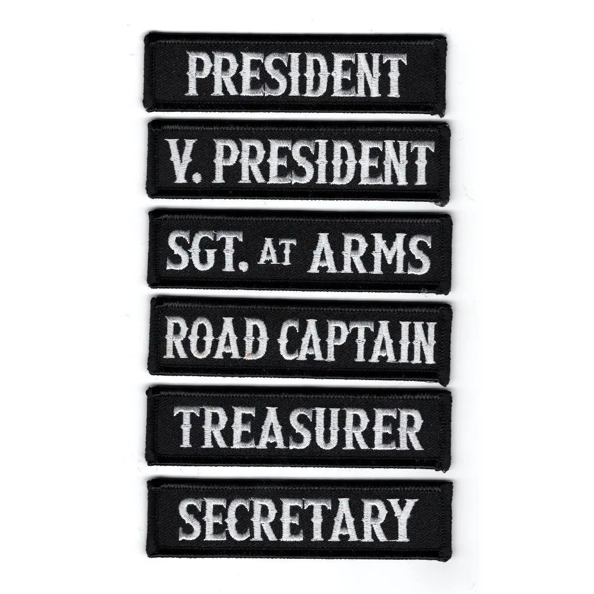 Officer Title Rank Vest Patches President VP MC Biker club Patch Set (6pc-Iron On-WHT-BLK)