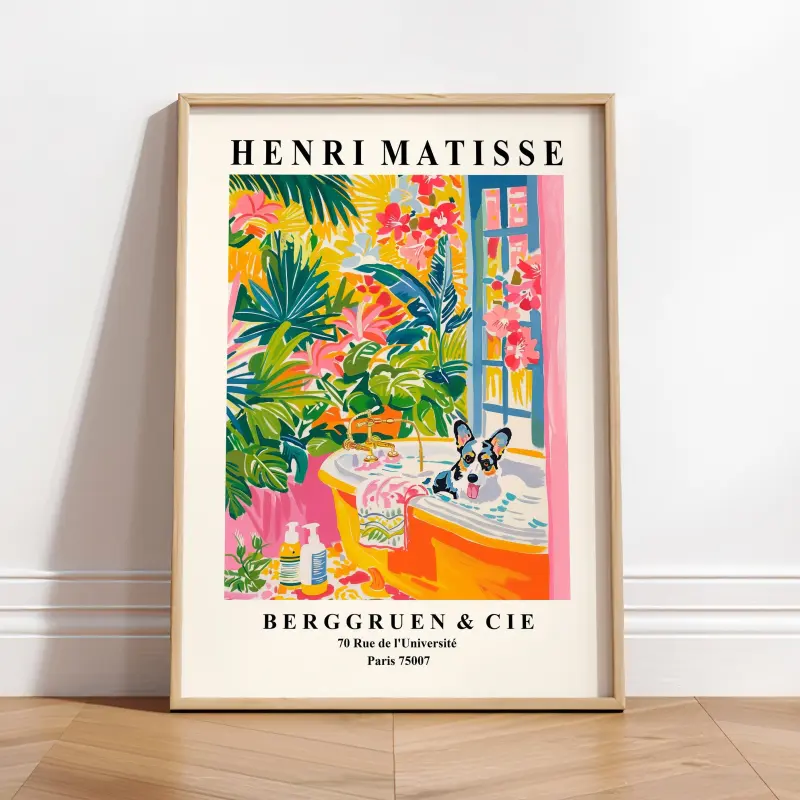 Cardigan Corgi in bathtub, Gift for dog lovers, Funny bathroom vanity art, Dog art print, Matisse poster
