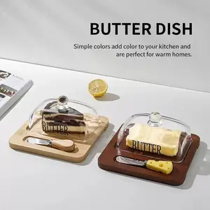 New Glass Lid Cheese Butter Cake Dessert Box, Nordic Style Butter Dish with Knife, Covered Butter Tray, Elegant Display Set (tray + Cover + Knife), Food Storage Container