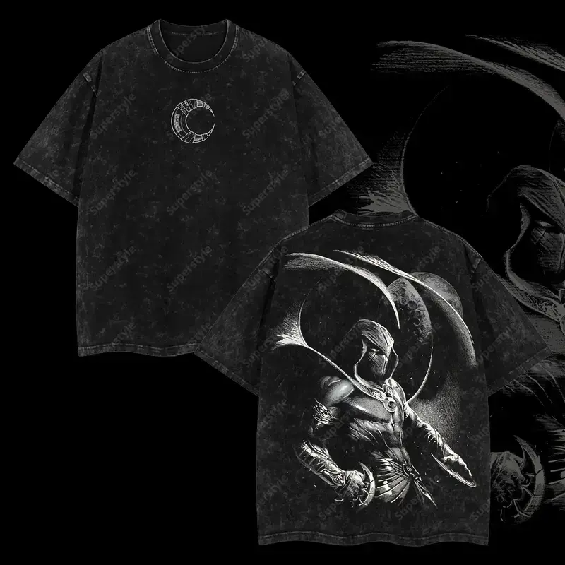 Vintage Acid Washed Moon Knight Oversized Graphic Tee | Marc Spector Midnight Guardian Double-Sided Print | Lightweight Cotton MCU Streetwear Pump Cover | Comic Superhero Fan Apparel