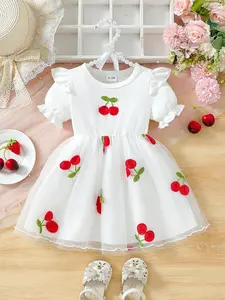 Baby girl cute style, cherry embroidery pattern, round neck, ruffled short sleeved, mesh skirt design, short skirt shape, daily, birthday party, summer baby clothes