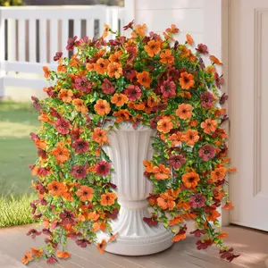 Lifelike Orange & Brown Faux Daisy Hanging Plants Fake Flower Vines, Set of 2 UV Protected Decorative Silk Flowers for Indoor/Outdoor Fall Porch, Yard & Garden Decoration