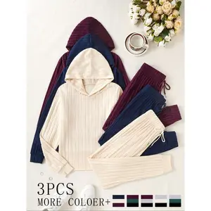 Women's Homecoming Set, 6-Piece Long Sleeve Hoodie Top & Ankle-Length Pants, Ribbed Brushed Fabric, Casual Comfortable Daily Wear, Winter Wear