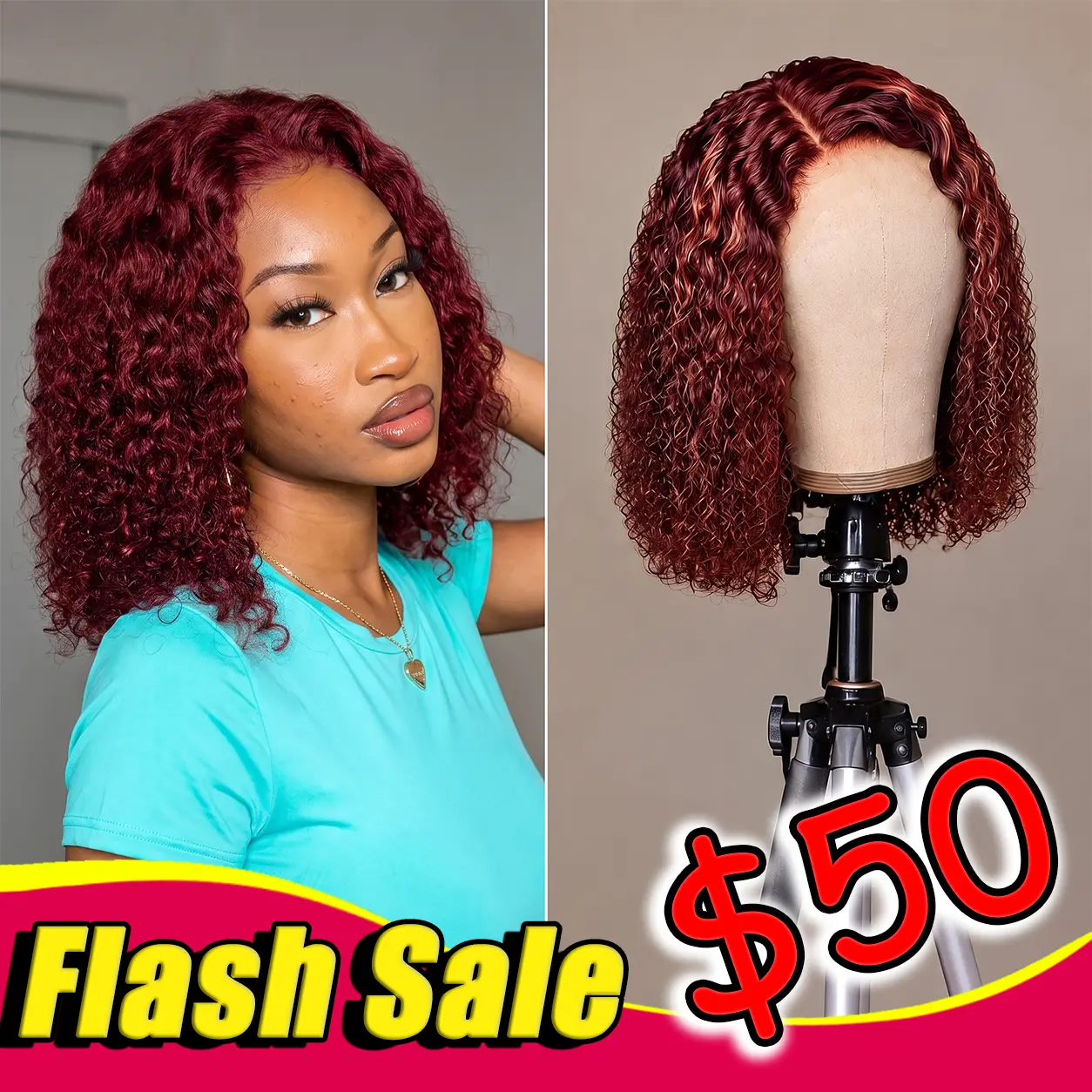 [14 Inch only $50】13x4 Lace Front Human Hair Wig, 180% Density Glueless Wig, Burgundy, Honey Blonde or Natural Black, Straight, Body Wave or Deep Wave