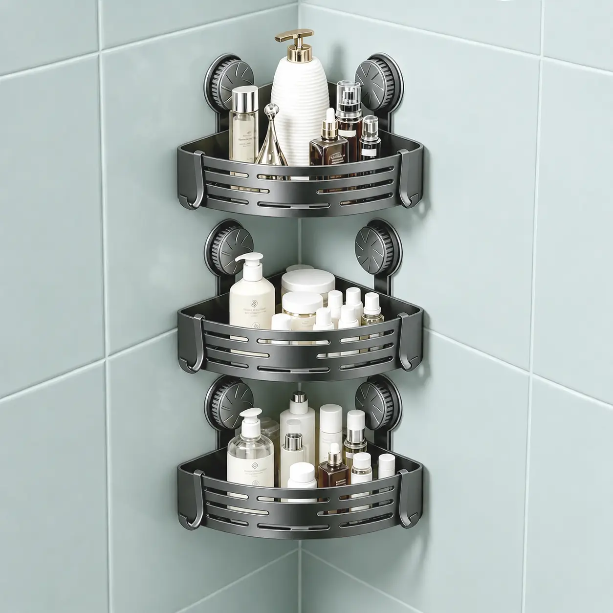 3-Piece Gray Corner Mount Plastic Suction-Knob Bathroom Caddy Set - No-Drill Durable Shower Storage with Integrated Drain Holes, Twist-Lock Cup, Sticky Hook, Easy Maintenance Necessities Holder