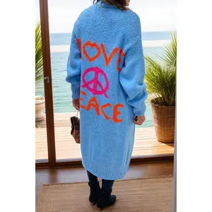 Petite Women’s Peace Sign Love Long Sleeve Cardigan, Slightly Stretchy, with Pockets