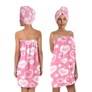 2 piece Pink Heart Bath Wrap with Hair Drying Cap, Hair Turban Towel – Sr Quick Dry Shower Towel Skirt Set for Women, Teens, Girls, Spa, Gym, Pool, and Travel Soft, Lightweight Bathroom Decorative Towel Set - Ideal Gift