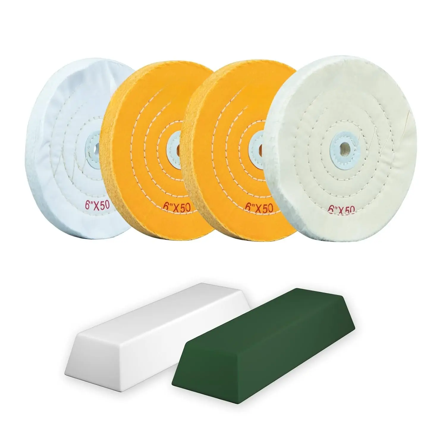 4 Pack 6 Inch Cotton Polishing Wheel Set for Bench, Drill Press & Polishers - 2 Yellow, 2 White Wheels with 1/2'' Arbor Hole, High Efficiency Hardware Polishing Compound Kit