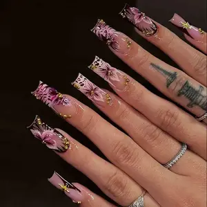 Leopard Pink Floral Press On Nails Luxury Handmade 3D Gold Stud Elegant Nail Set Gif For Her