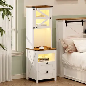 FREDEES Tall Nightstand with Charging Station, Bedside Table with Drawers & Adjustable Shelf, LED Night Stand with Gun Drawer, Farmhouse End Table for Bedroom, Antique White wood nightstand Furniture Storage Aesthetic Minimal