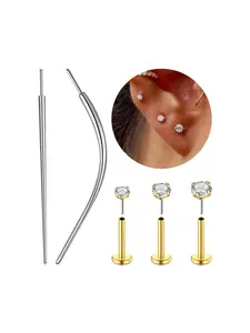 Stainless Steel Earrings Studs with Piercing Tool, Cartilage Earrings Studs, Flat Back Push Pin Studs for Tragus/Helix/Conch, Hypoallergenic Stacked Look