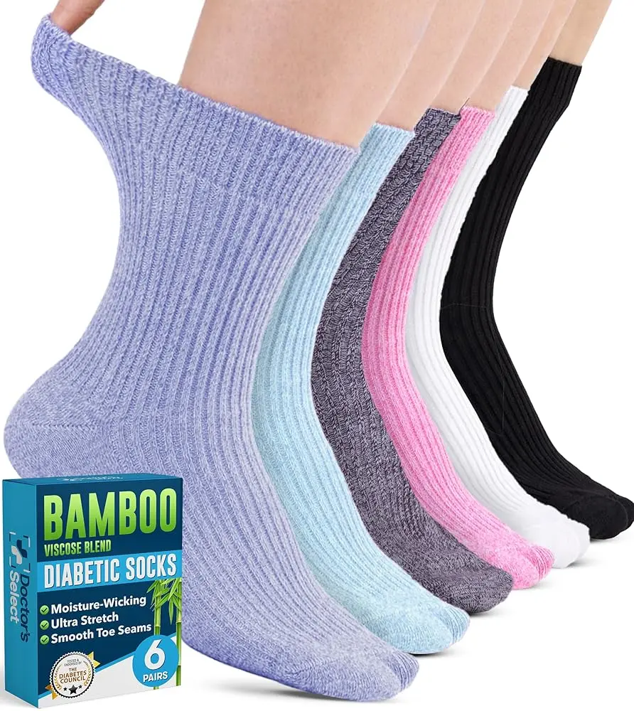 Doctor's Select Diabetic Socks, 6 Pairs Unisex Viscose Mid-Calf Socks, Loose Non-Binding Fit with Smooth Toe Seam, Moisture-Wicking, Above Ankle Mid-Calf Socks