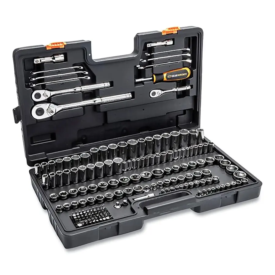 Gearwrench 185-Piece Compartmentalized Mechanic Tool Kit - 0.25/0.375/0.5 in. Drive Sizes Vary, Chrome Finish, Off-Corner Load, SAE/Metric, Blow Mold Case
