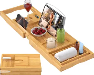 Foldable Bathtub Caddy Tray for Tub,Bamboo Expandable Bath Table Trays,Premium Bathroom Accessories for New Home & Mothers Day & Birthday Gifts for Couples