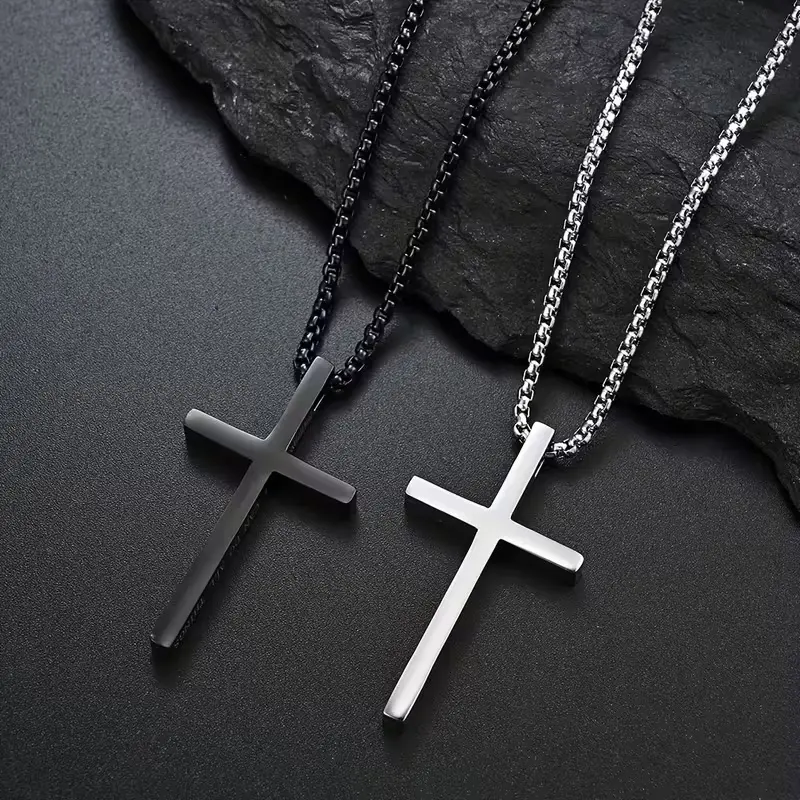 Unisex 2-Piece 316L Stainless Steel Cross Chain Set, Solid Christian Style Minimalist Elegant Jewelry, Titanium-Plated Casual Necklaces for Men and Women, Simple Cross