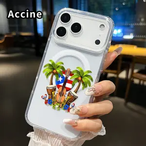 Clear Phone Case for iPhone 17 16  Pro Max Plus 15 14 13 12 11 Air E Puerto Rico Melody  Pattern Magnetic Sunction Acrylic Back Full Body Protective Cover Cellphone Transparent Shockproof Casing