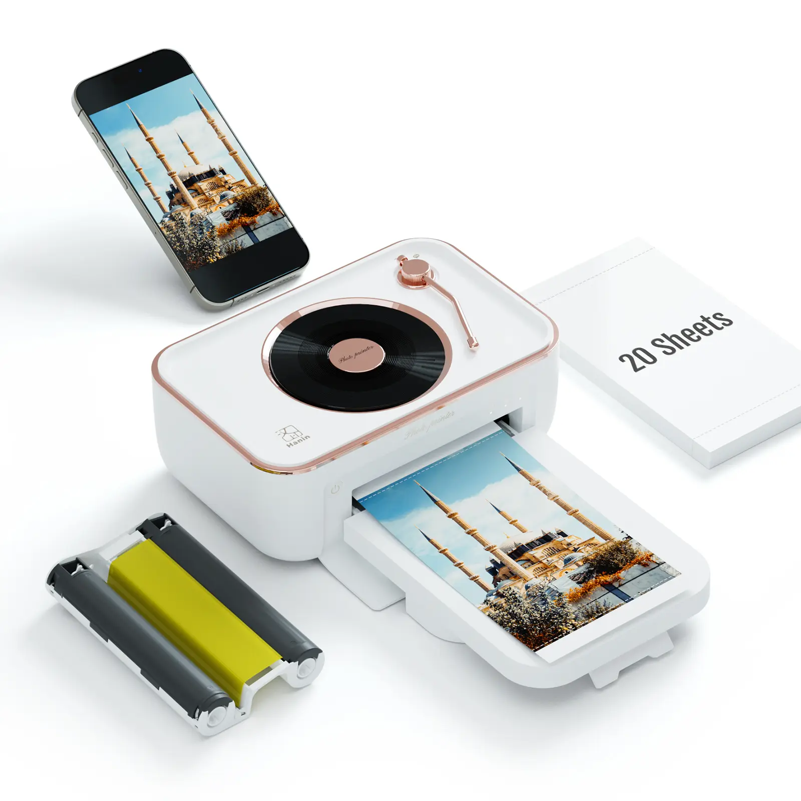 Hanin CP6000 Multifunction Photo Printer with Retro Gramophone Design, Wireless Smartphone Connection, Thermal Dye Sublimation, High-Quality Prints for Home & Creative Projects#SummerSale