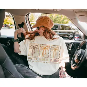 Grateful Thankful Blessed T-shirt, Coquette Fall Season Tshirt, Faith Based Autumn Tee, Christian Fall Bow, Religious Fall T-shirt