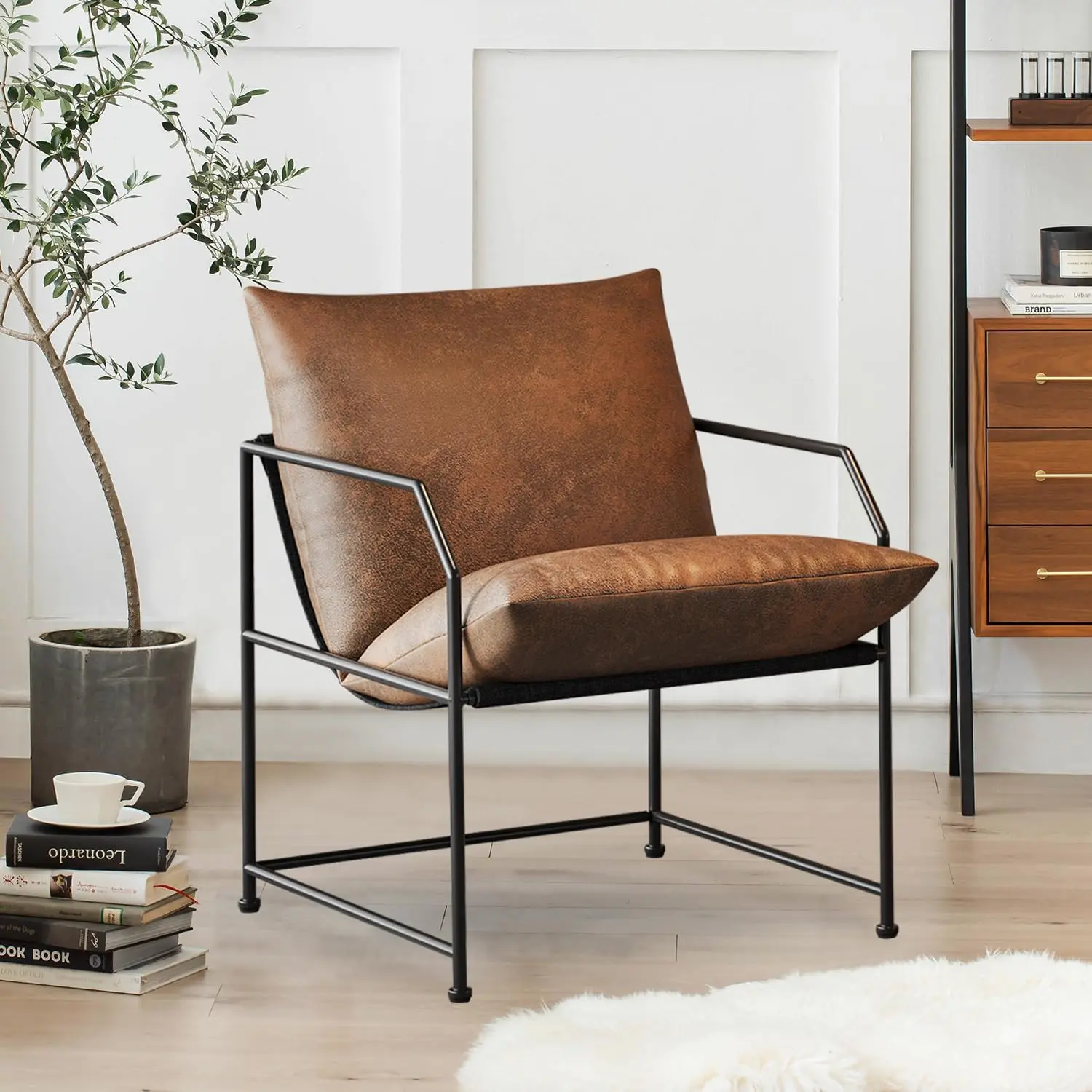 Accent Chair Living Room Chairs Comfy Reading Chair for Bedroom Upholstered Lounge Chair Mid Century Modern Arm Chair Accent Chairs for Living Room Side Armchair Faux Leather Sofa Cozy Chair(Brown, 1)