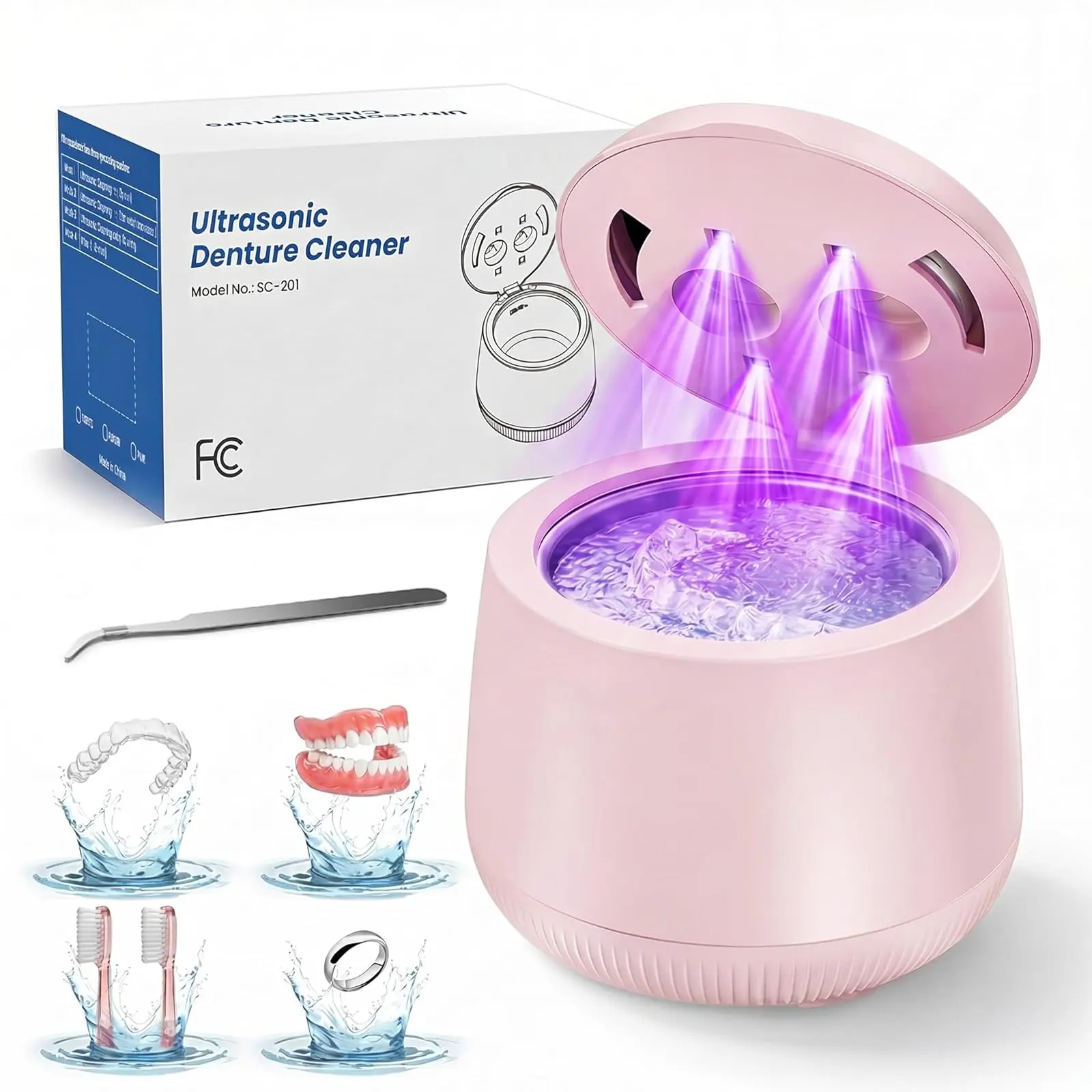 Ultrasonic Denture Cleaner, 48kHz Deep Cleaning Machine with 4 Timed Modes, 200mL Digital Display for Retainers, Mouth Guards, Braces, Aligners, Toothbrushes, Jewelry, Pink