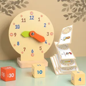 Montessori Time Clock Wooden Toy for Kids, Adjustable Hands + 12 Dual-Sided Time Cards + Dice Match, Math Thinking Training, Math Learning Tools, Math Teaching Aid, Early Education Gift