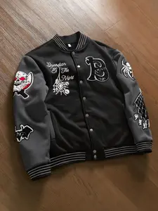 Unisex's Letter & Bat & Skull Patched Button Front Pocket Vintage Varsity Jacket, Regular Fit Street Long Sleeve Baseball Collar Outerwear for Daily Wear, Unisex's Clothes for Fall & Winter, Casual Fitted Jacket, Casual Jackets