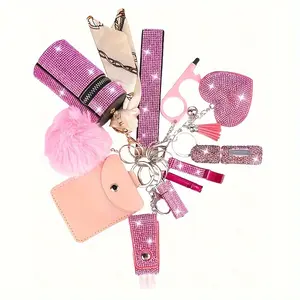 11-piece women's diamond multifunctional keychain set, including card holder, storage bag, pill bottle, small bottle, perfume bottle - classic quote metal keychain with diamond decoration, round buckle with whistle