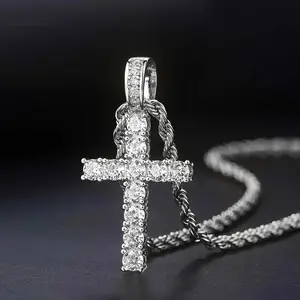 Fashionable And Versatile Necklace Classic Micro Inlaid Synthetic Zirconia Cross Pendant High End Luxury Unisex Moissanite Cuban Chain