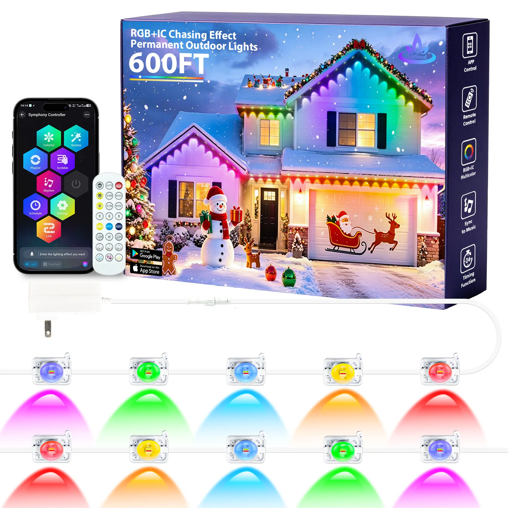 SINLEY Permanent Outdoor Light Fixtures - Waterproof LED RGB IC Yard Lighting, Smart App & Remote Control, DIY Scene Modes, Music Sync, Water Resistant Eaves Lights for Garden Decor