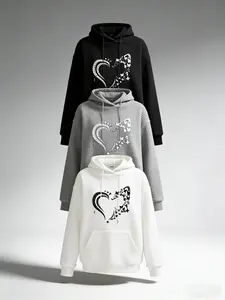 Butterfly & Heart Print Waffle Knit Hoodie, Casual Long Sleeve Drawstring Pocket Hooded Sweatshirt for Fall & Winter,Women's Plus Clothing for Daily Wear, Tops,Sweatshirts for women,Essential Hoodie