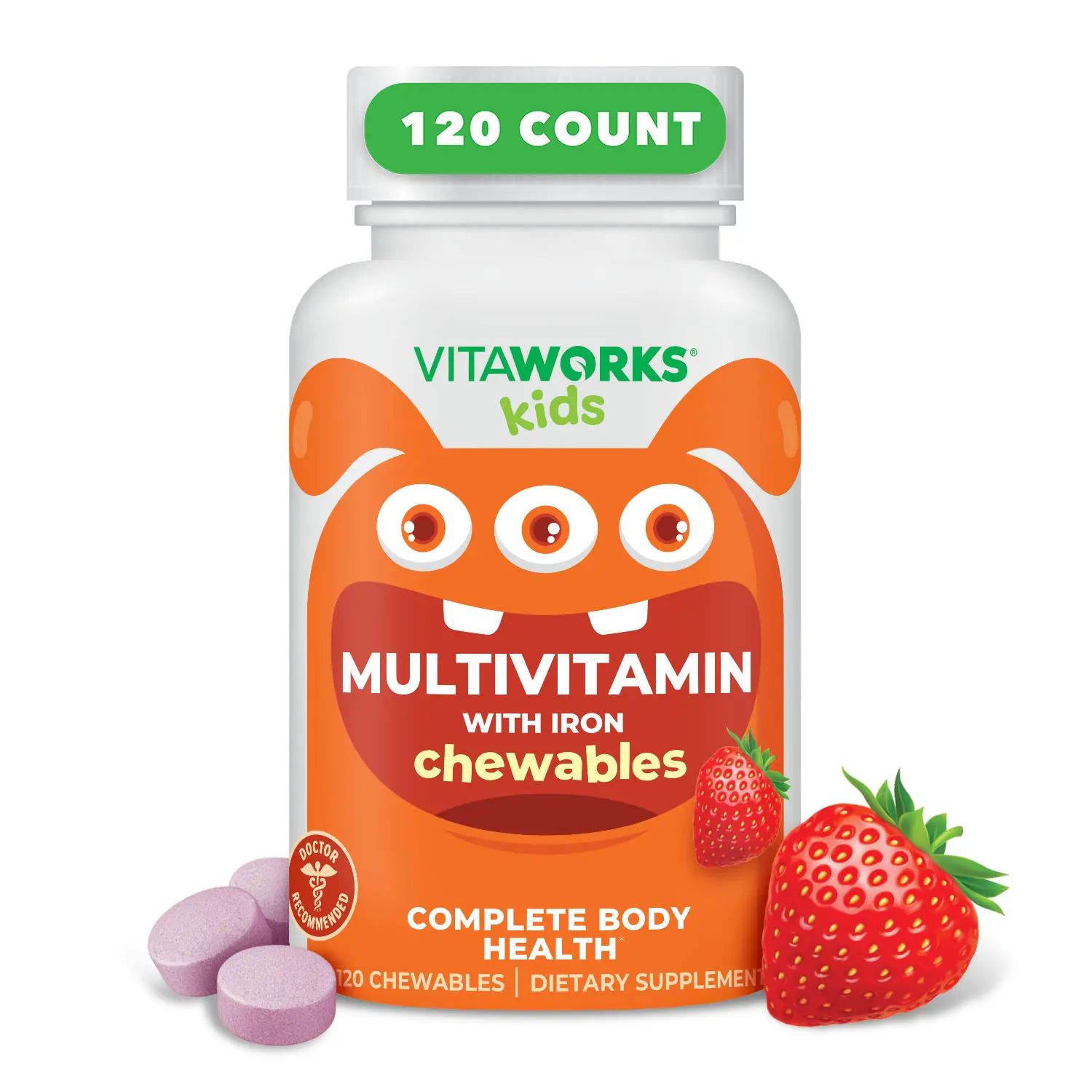 VitaWorks Kids Healthy Natural Dairy-Free Dietary Multivitamin Supplement with Iron, Minerals - Chewable Tablets, 120 Count